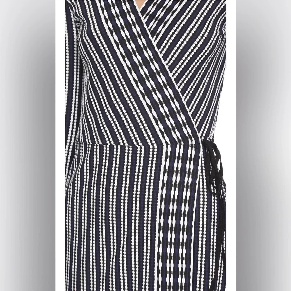 Tory Burch Jacquard Wrap Dress XS Navy Black White Stripe Long Sleeve